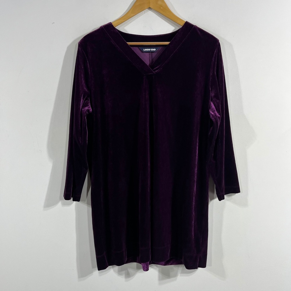 Lands End Womens Purple Velvet V-Neck Tunic Top 3/4 Sleeve Lg 14-16 Whimsigoth